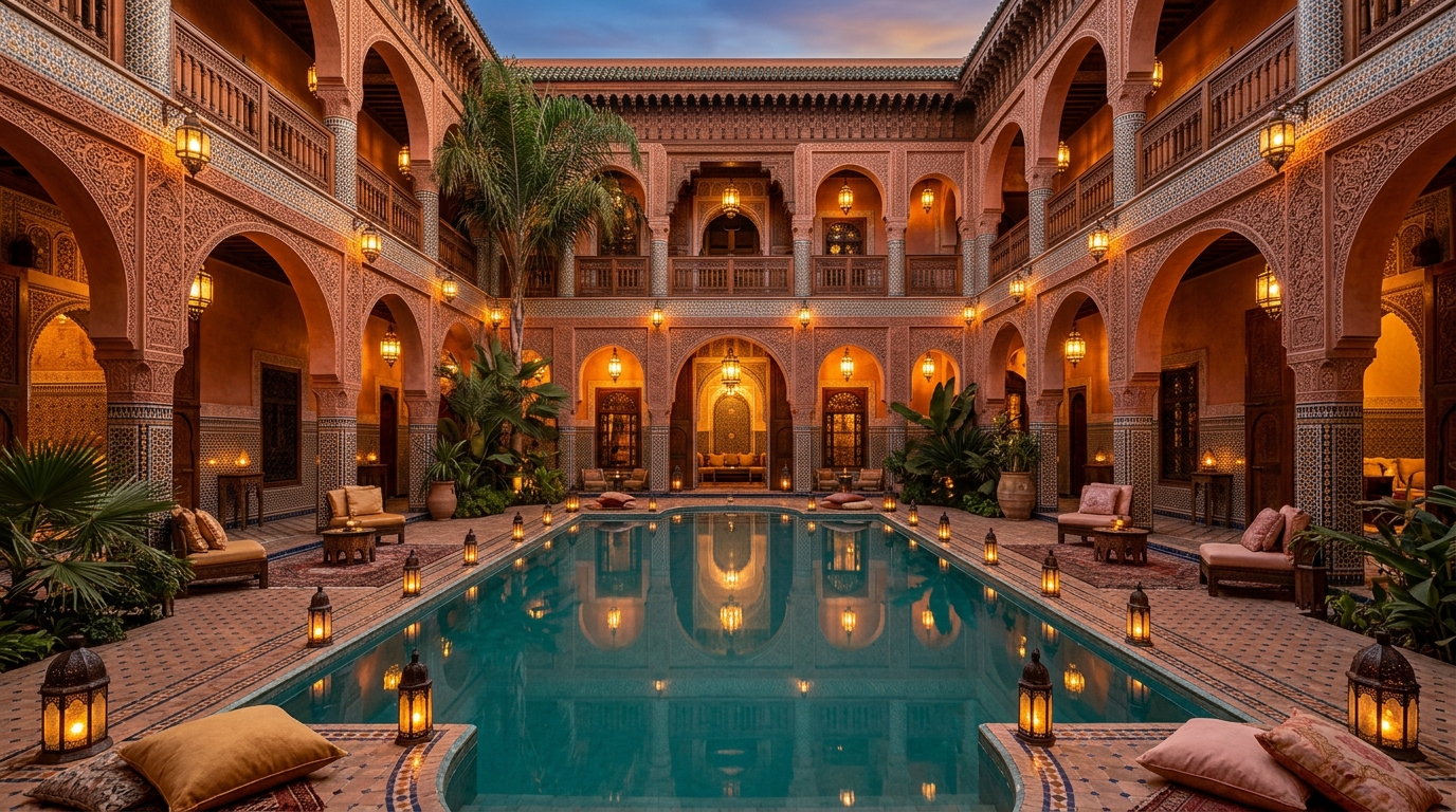 Riad marroquí con piscina y reflejos